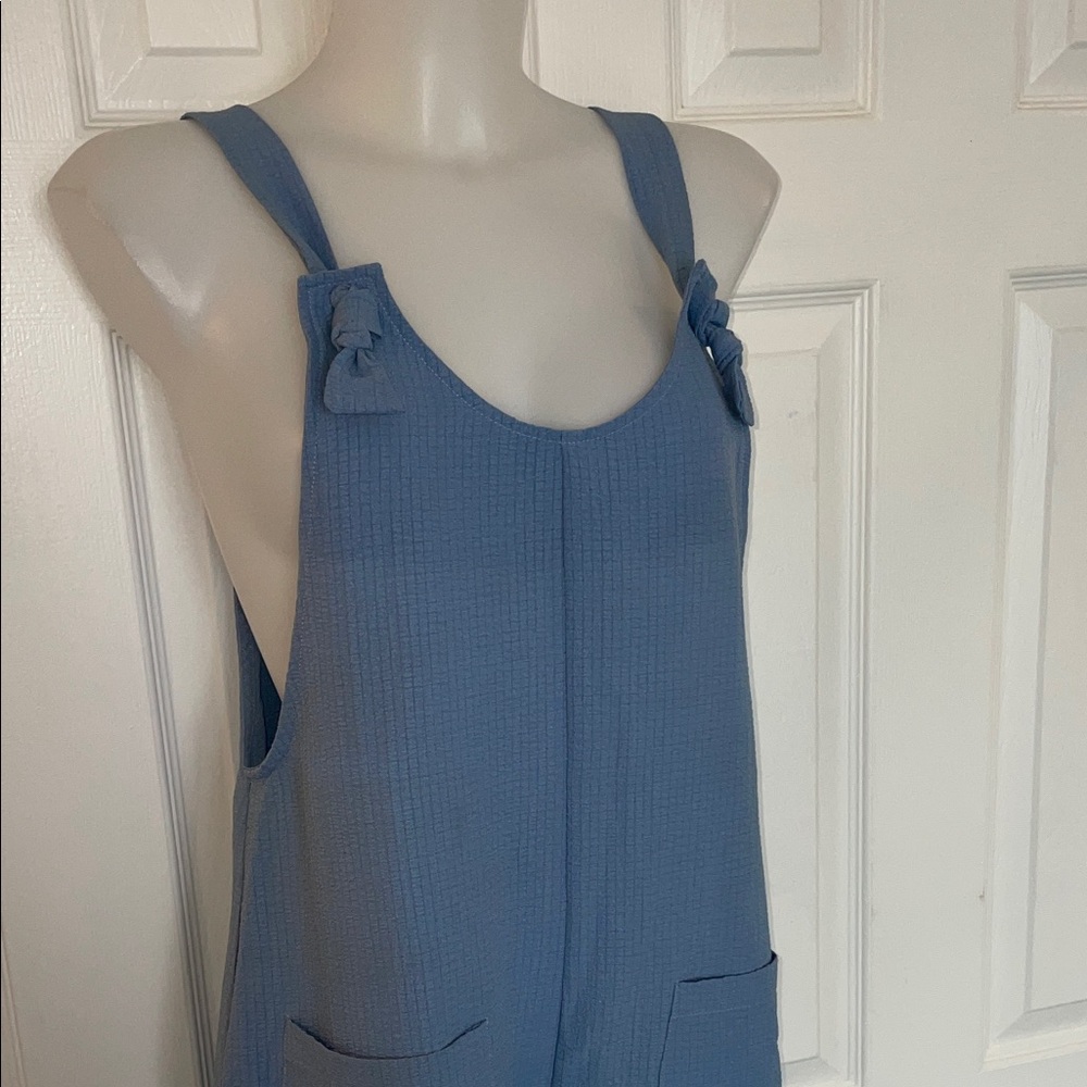 EMORY ROSE BLUE SLEEVELESS KNOT FRONT POCKET PATCHED OVERALL ROMPER SZ MED - Picture 7 of 10